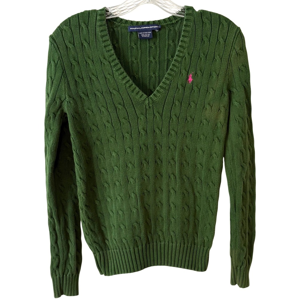 Ralph Lauren Sport Dark Olive Classic V-Neck Cable Knit Cotton Sweater in Size M